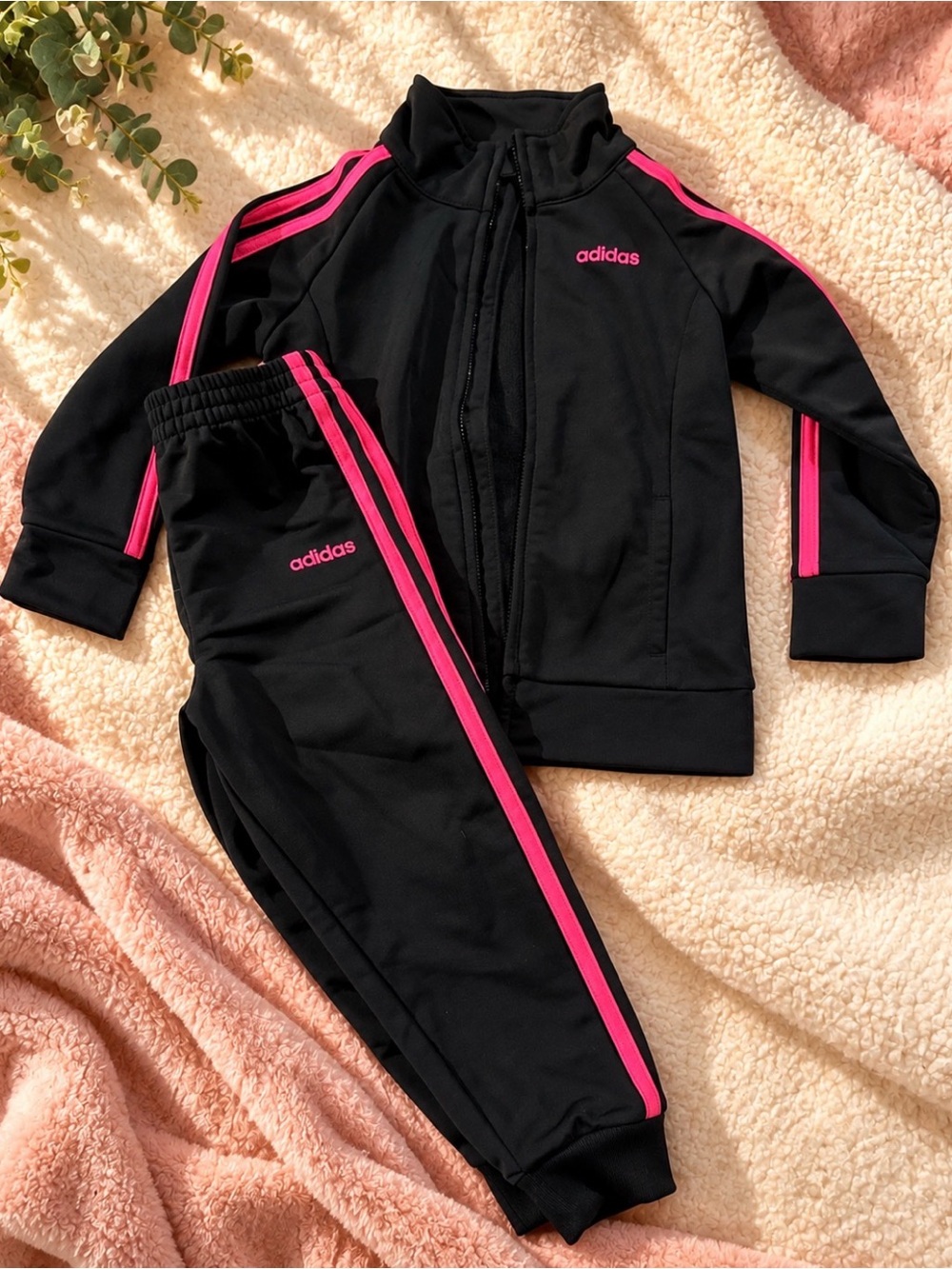 adidas Black Track Jacket and Joggers with Pink Stripes